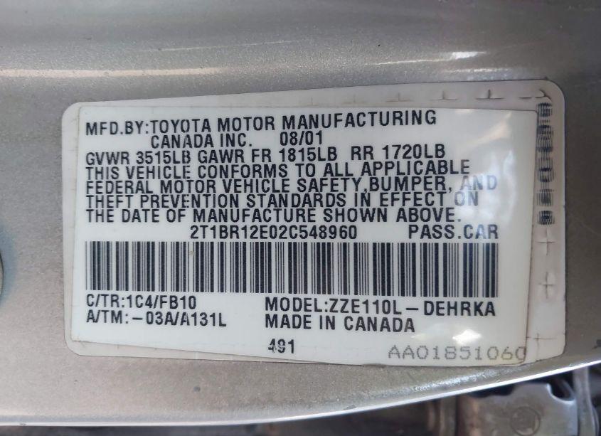 Photo 9 of 2002 Toyota Corolla CE (VIN 2T1BR12E02C548960)