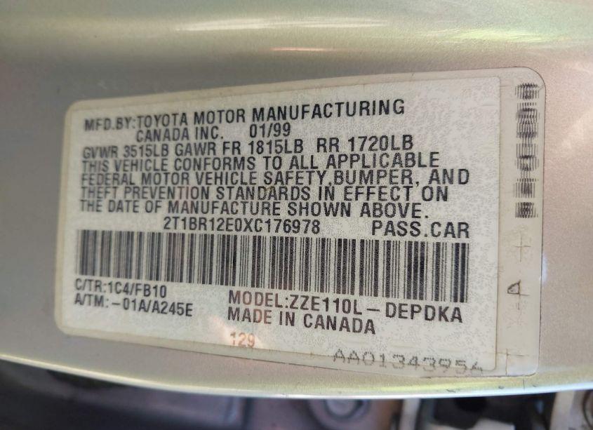 Photo 9 of 1999 Toyota Corolla CE (VIN 2T1BR12E0XC176978)