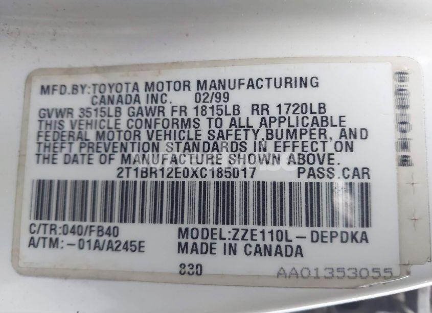 Photo 9 of 1999 Toyota Corolla CE (VIN 2T1BR12E0XC185017)