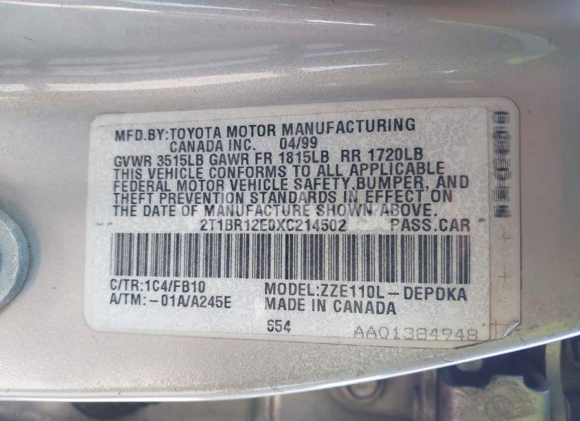 Photo 9 of 1999 Toyota Corolla CE (VIN 2T1BR12E0XC214502)