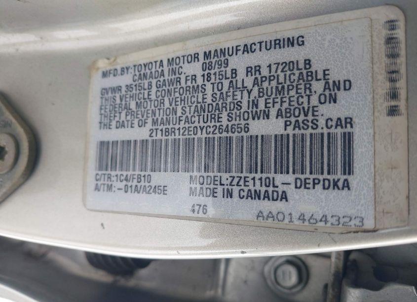 Photo 9 of 2000 Toyota Corolla CE (VIN 2T1BR12E0YC264656)