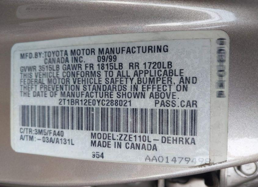 Photo 9 of 2000 Toyota Corolla VE (VIN 2T1BR12E0YC288021)