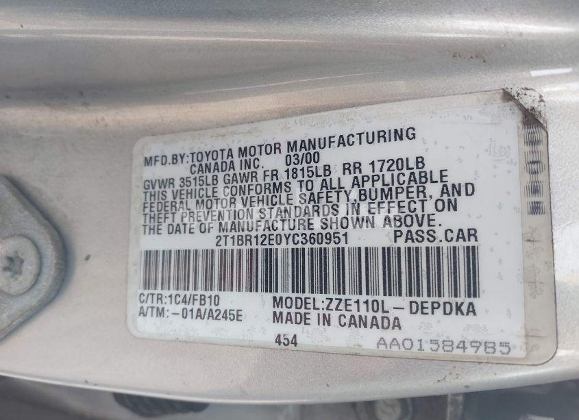 Photo 9 of 2000 Toyota Corolla CE (VIN 2T1BR12E0YC360951)