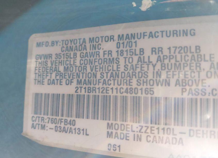 Photo 9 of 2001 Toyota Corolla CE (VIN 2T1BR12E11C480165)