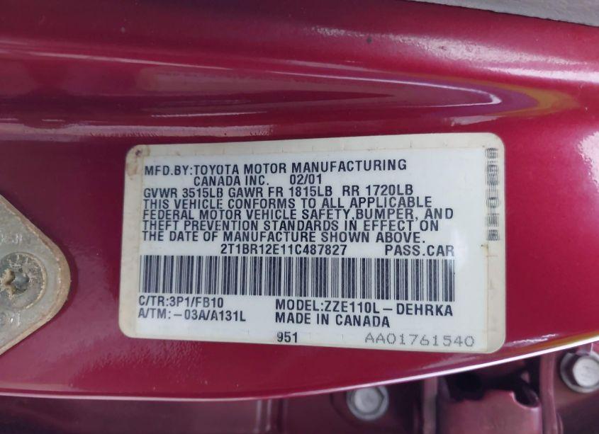 Photo 9 of 2001 Toyota Corolla CE (VIN 2T1BR12E11C487827)