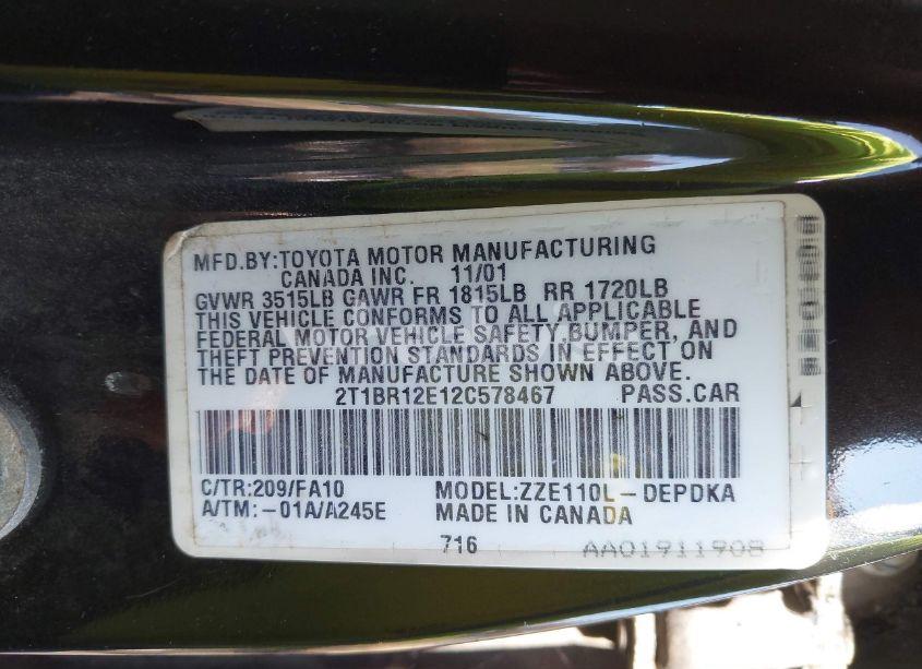 Photo 9 of 2002 Toyota Corolla LE (VIN 2T1BR12E12C578467)