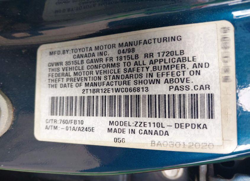 Photo 9 of 1998 Toyota Corolla CE (VIN 2T1BR12E1WC066813)