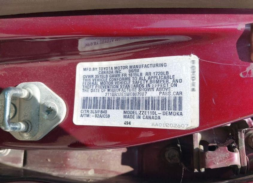 Photo 9 of 1998 Toyota Corolla CE (VIN 2T1BR12E1WC082087)