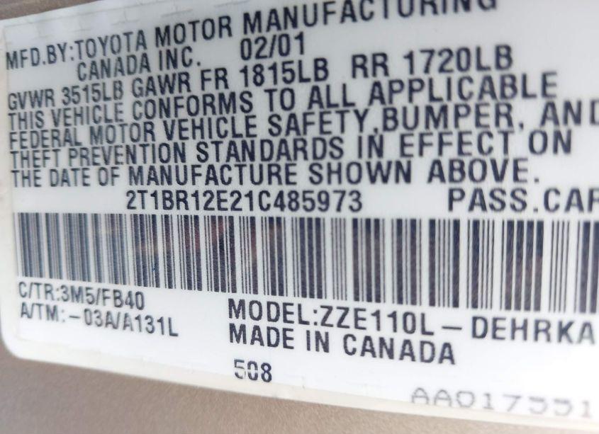 Photo 9 of 2001 Toyota Corolla CE (VIN 2T1BR12E21C485973)