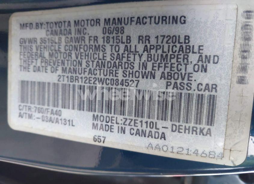 Photo 9 of 1998 Toyota Corolla VE (VIN 2T1BR12E2WC084527)