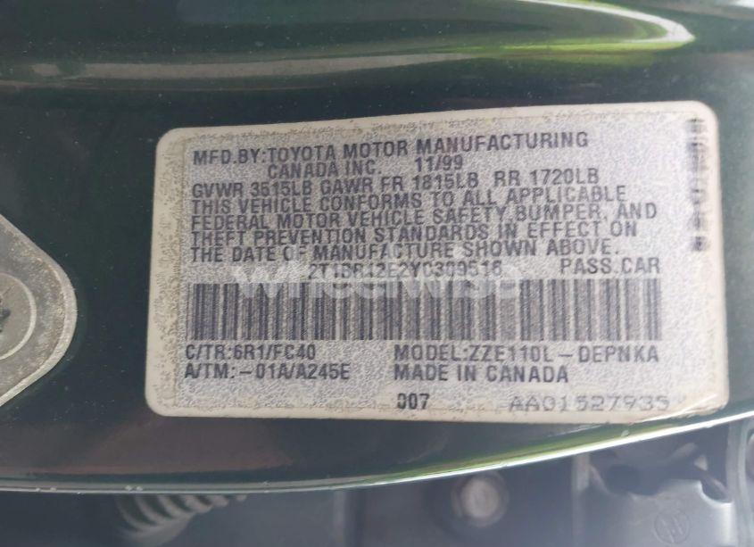 Photo 9 of 2000 Toyota Corolla LE (VIN 2T1BR12E2YC309516)