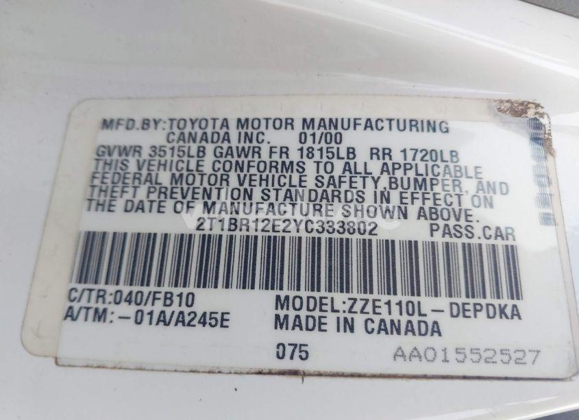 Photo 9 of 2000 Toyota Corolla CE (VIN 2T1BR12E2YC333802)