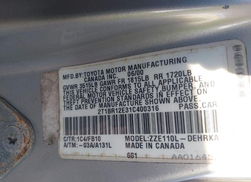 Photo 9 of 2001 Toyota Corolla CE (VIN 2T1BR12E31C400316)