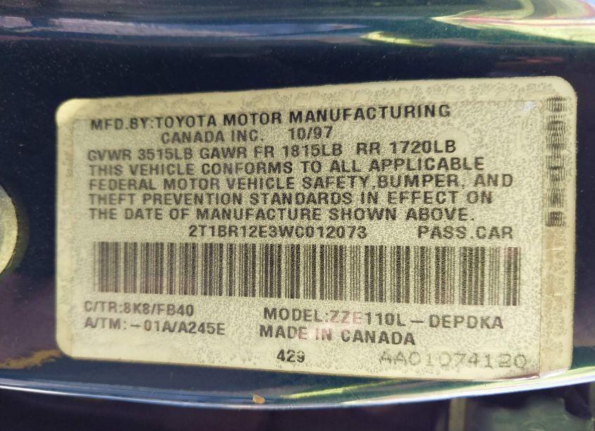 Photo 9 of 1998 Toyota Corolla CE (VIN 2T1BR12E3WC012073)