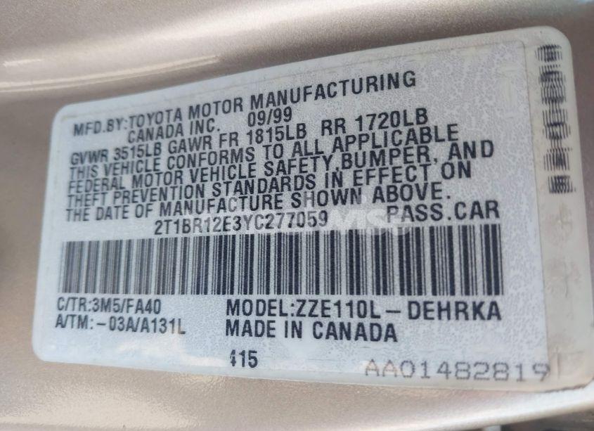 Photo 9 of 2000 Toyota Corolla VE (VIN 2T1BR12E3YC277059)