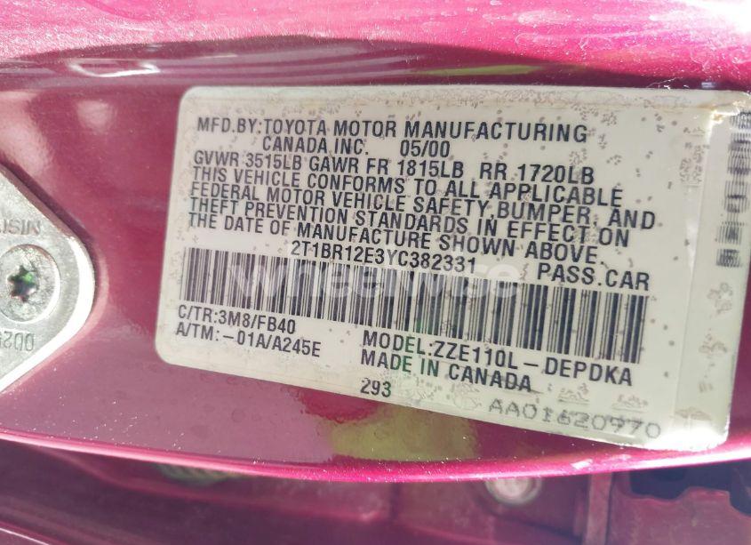 Photo 9 of 2000 Toyota Corolla CE (VIN 2T1BR12E3YC382331)