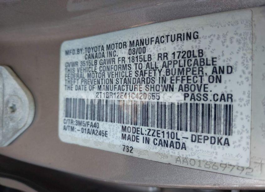 Photo 9 of 2001 Toyota Corolla LE (VIN 2T1BR12E41C420655)