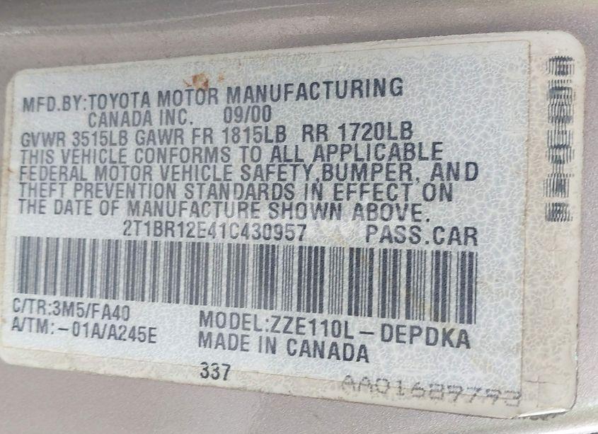 Photo 9 of 2001 Toyota Corolla LE (VIN 2T1BR12E41C430957)