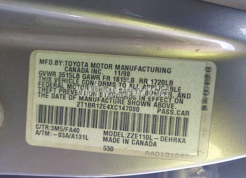 Photo 9 of 1999 Toyota Corolla VE (VIN 2T1BR12E4XC147080)