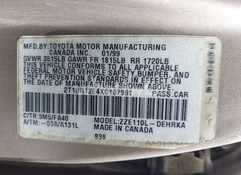 Photo 9 of 1999 Toyota Corolla VE (VIN 2T1BR12E4XC167961)