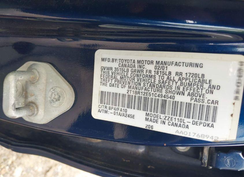 Photo 9 of 2001 Toyota Corolla LE (VIN 2T1BR12E51C494540)