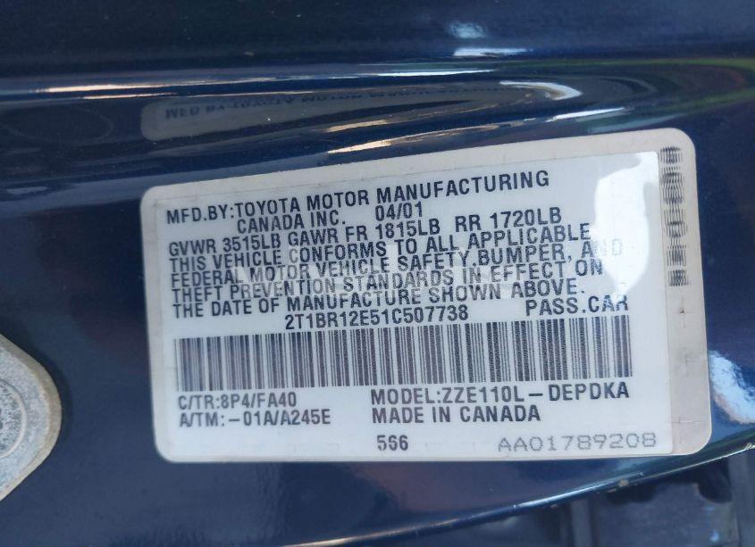 Photo 9 of 2001 Toyota Corolla LE (VIN 2T1BR12E51C507738)
