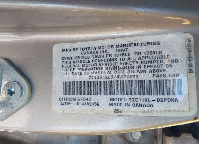 Photo 9 of 1998 Toyota Corolla CE (VIN 2T1BR12E5WC033698)