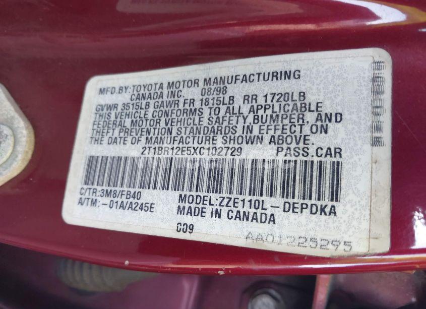 Photo 9 of 1999 Toyota Corolla CE (VIN 2T1BR12E5XC102729)