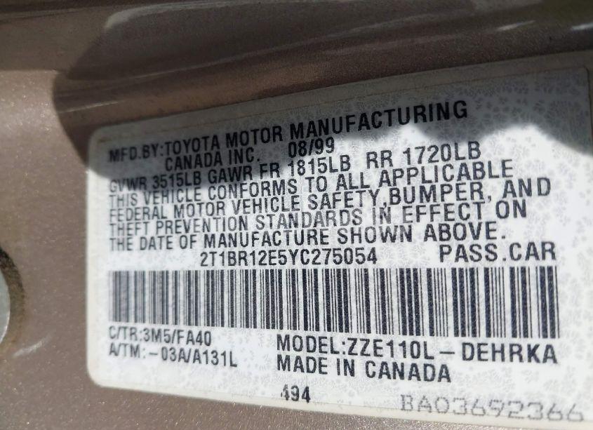 Photo 9 of 2000 Toyota Corolla VE (VIN 2T1BR12E5YC275054)