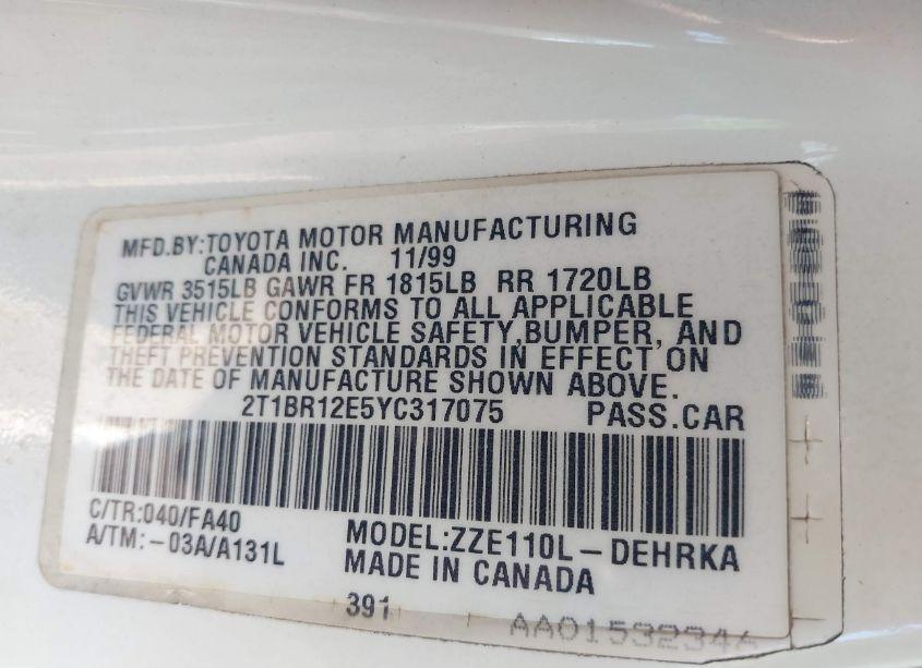 Photo 9 of 2000 Toyota Corolla VE (VIN 2T1BR12E5YC317075)