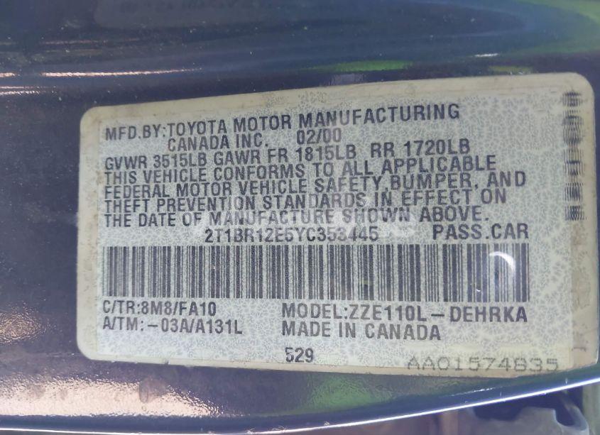 Photo 9 of 2000 Toyota Corolla VE (VIN 2T1BR12E5YC353445)