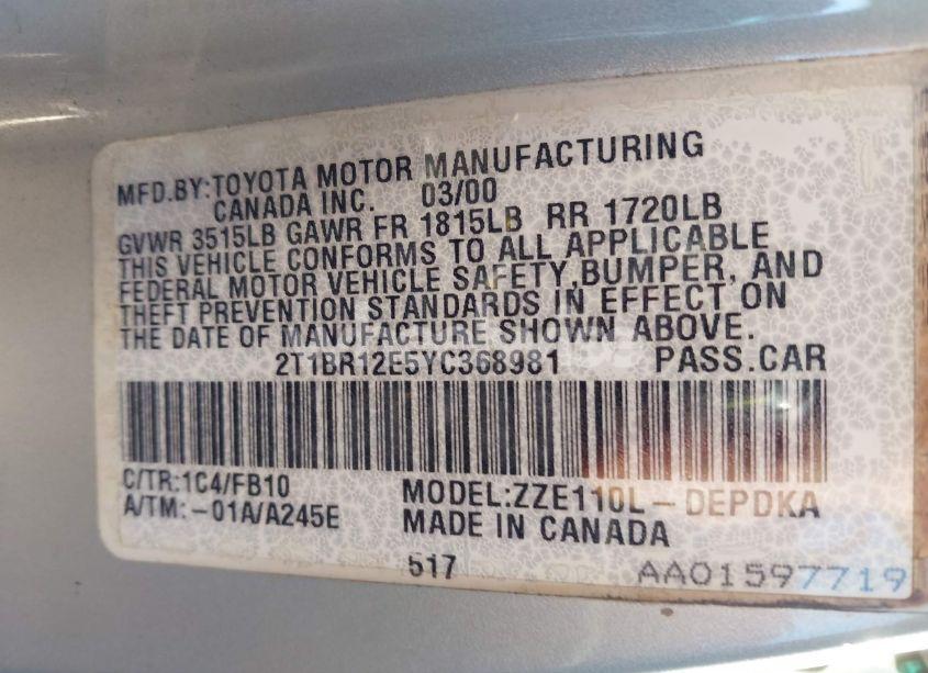 Photo 9 of 2000 Toyota Corolla CE (VIN 2T1BR12E5YC368981)