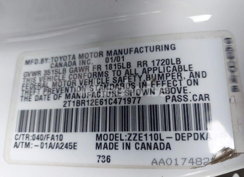 Photo 9 of 2001 Toyota Corolla LE (VIN 2T1BR12E61C471977)