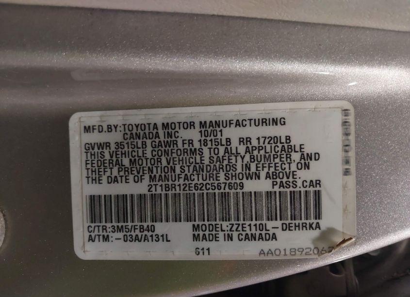 Photo 9 of 2002 Toyota Corolla CE (VIN 2T1BR12E62C567609)