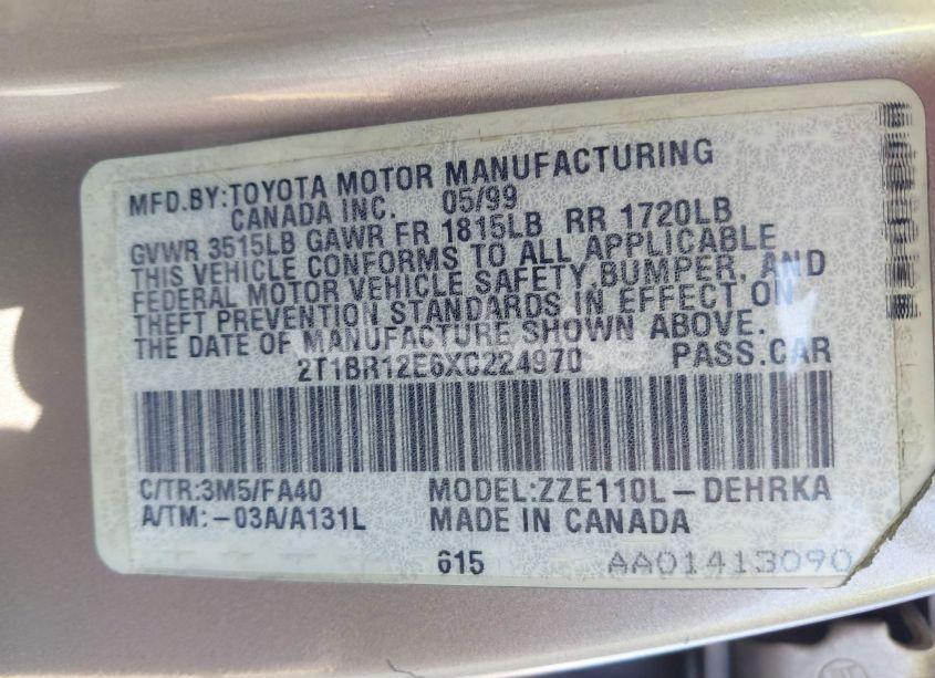 Photo 9 of 1999 Toyota Corolla VE (VIN 2T1BR12E6XC224970)