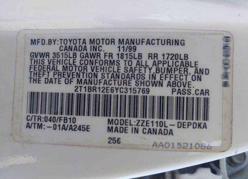 Photo 9 of 2000 Toyota Corolla CE (VIN 2T1BR12E6YC315769)