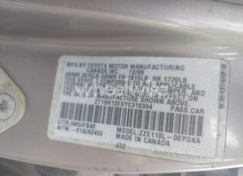 Photo 9 of 2000 Toyota Corolla CE (VIN 2T1BR12E6YC318364)