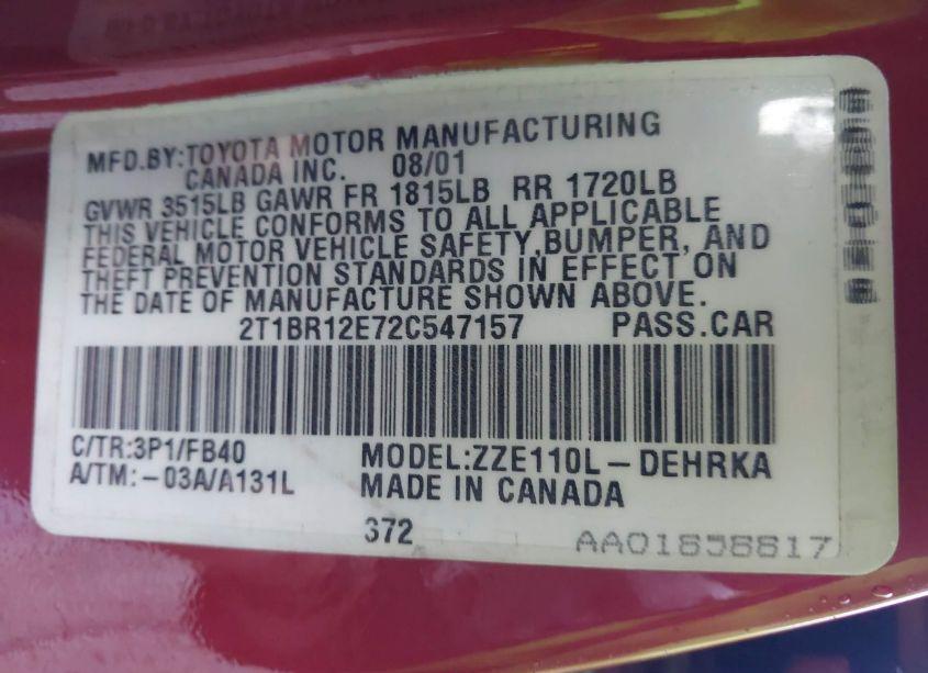 Photo 9 of 2002 Toyota Corolla CE (VIN 2T1BR12E72C547157)