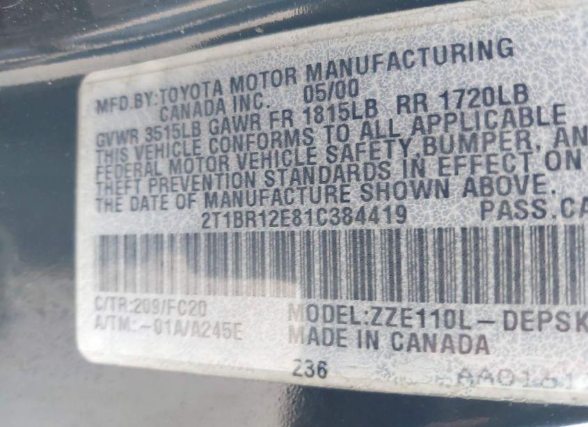 Photo 9 of 2001 Toyota Corolla S (VIN 2T1BR12E81C384419)