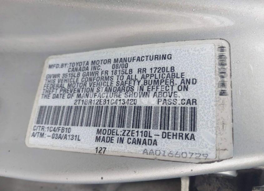 Photo 9 of 2001 Toyota Corolla CE (VIN 2T1BR12E81C413420)