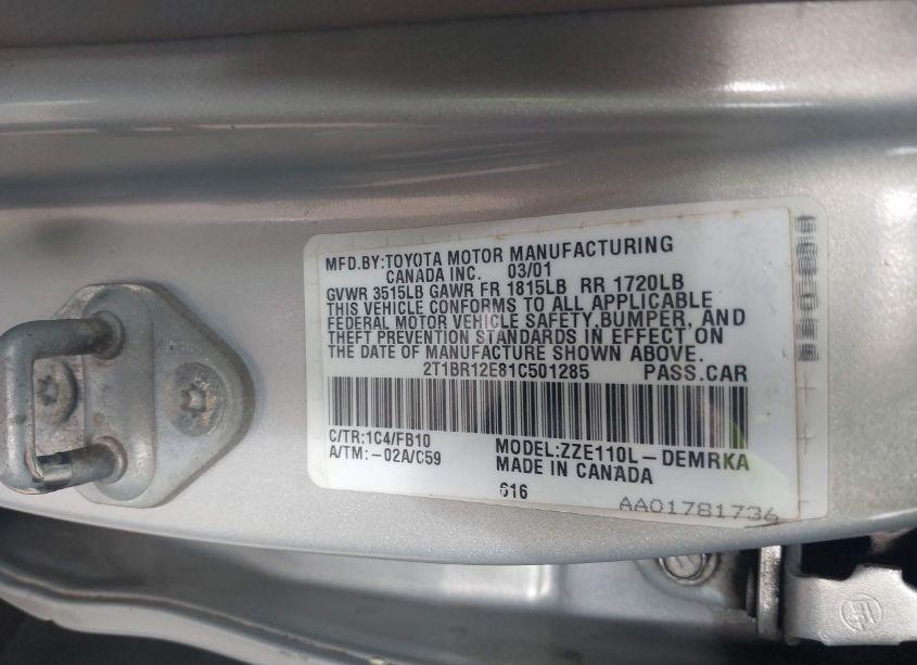 Photo 9 of 2001 Toyota Corolla CE (VIN 2T1BR12E81C501285)