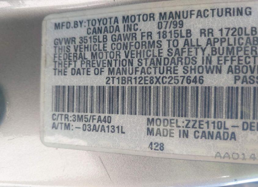 Photo 9 of 1999 Toyota Corolla VE (VIN 2T1BR12E8XC257646)