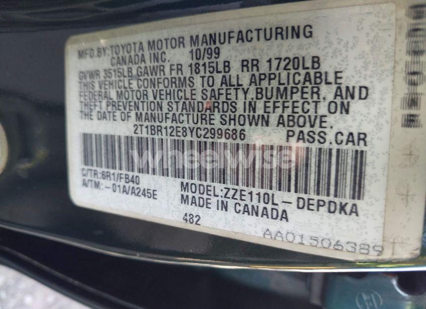 Photo 9 of 2000 Toyota Corolla CE (VIN 2T1BR12E8YC299686)