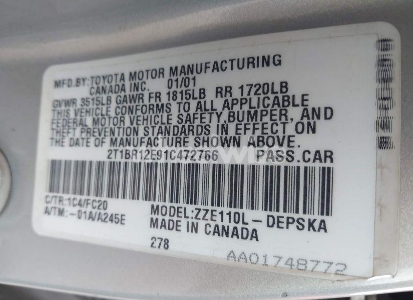 Photo 9 of 2001 Toyota Corolla S (VIN 2T1BR12E91C472766)