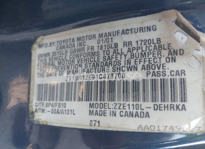 Photo 9 of 2001 Toyota Corolla CE (VIN 2T1BR12E91C478700)