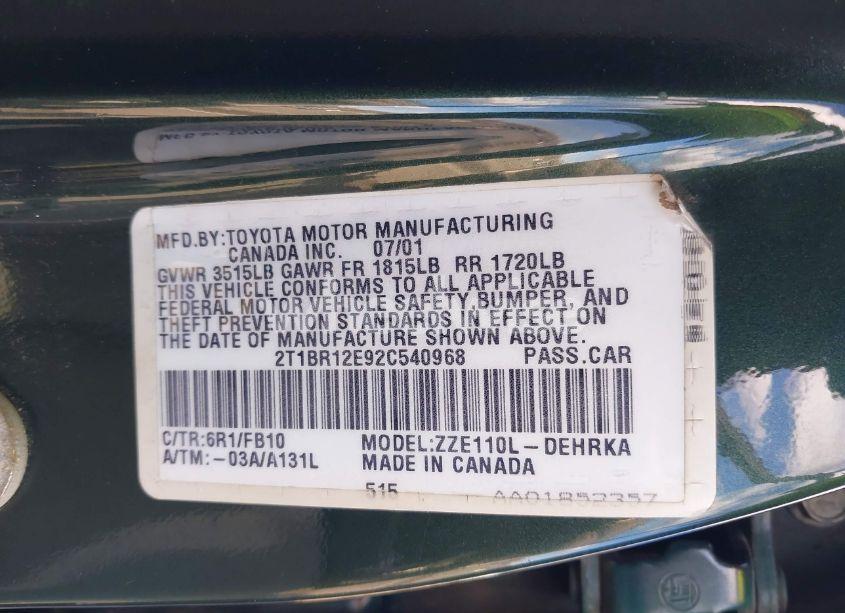 Photo 9 of 2002 Toyota Corolla CE (VIN 2T1BR12E92C540968)