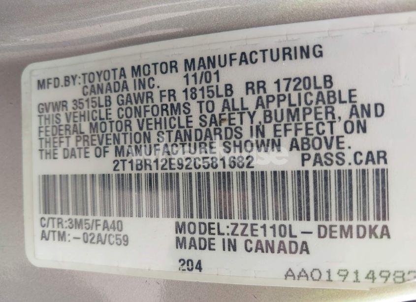 Photo 9 of 2002 Toyota Corolla LE (VIN 2T1BR12E92C581682)