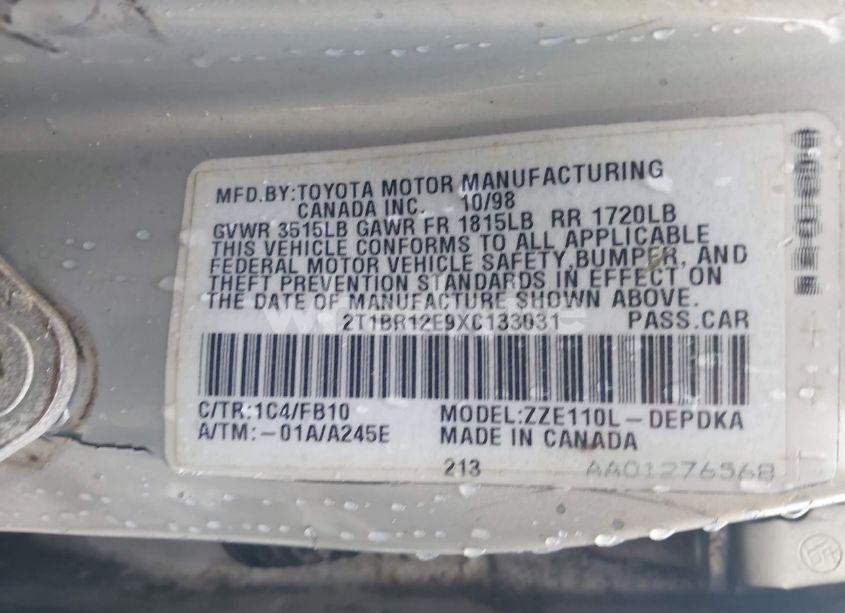 Photo 9 of 1999 Toyota Corolla CE (VIN 2T1BR12E9XC133031)