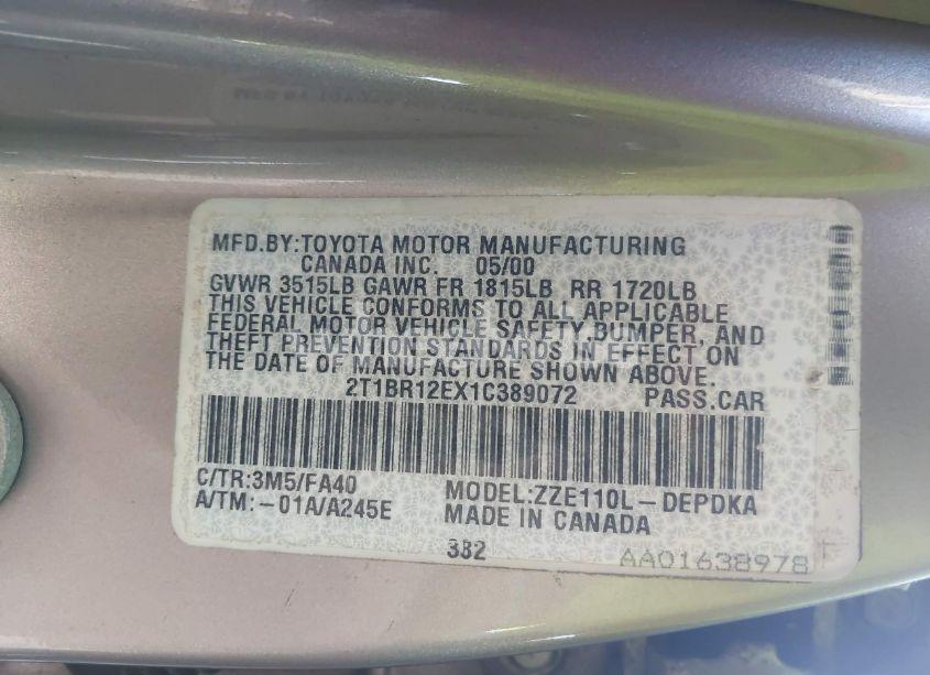 Photo 9 of 2001 Toyota Corolla LE (VIN 2T1BR12EX1C389072)