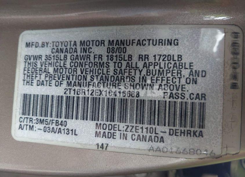 Photo 9 of 2001 Toyota Corolla CE (VIN 2T1BR12EX1C416688)